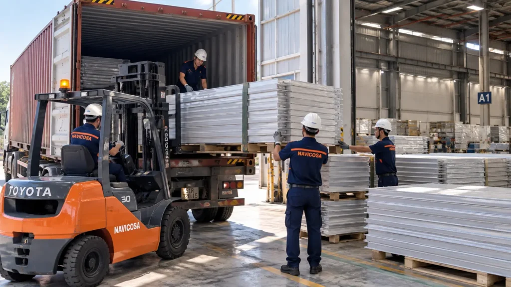 Xe nâng Navicosa rút bó tấm panel ra khỏi container, ba công nhân đứng hướng dẫn và nhận hàng trong kho