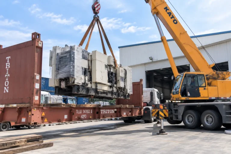 Xe cẩu Kato nâng kiện máy móc quá khổ ra khỏi container flatrack đặt trên rơ moóc
