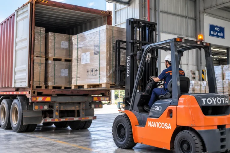 Container chứa hàng kiện bọc màng xếp trên pallet, xe nâng Navicosa tiếp cận rút hàng