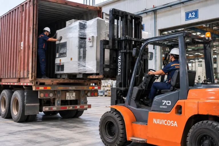 Công nhân và xe nâng Navicosa 7 tấn rút kiện hàng bọc màng ra khỏi container tại kho