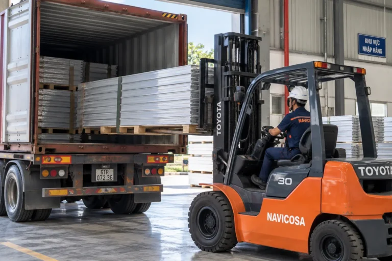 Container chở tấm panel xếp lớp, xe nâng Navicosa 3 tấn chờ rút hàng tại khu vực nhập hàng
